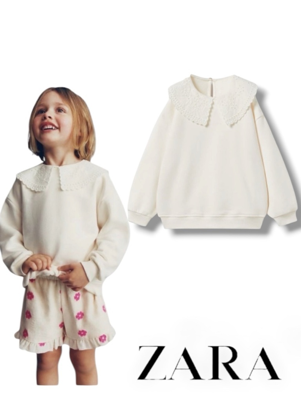 ZARA Girls Ecru Embroidered Collar Sweatshirt NWT Size 5T